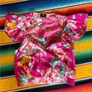 Floral Pink Blouse with Ruffle Sleeves
